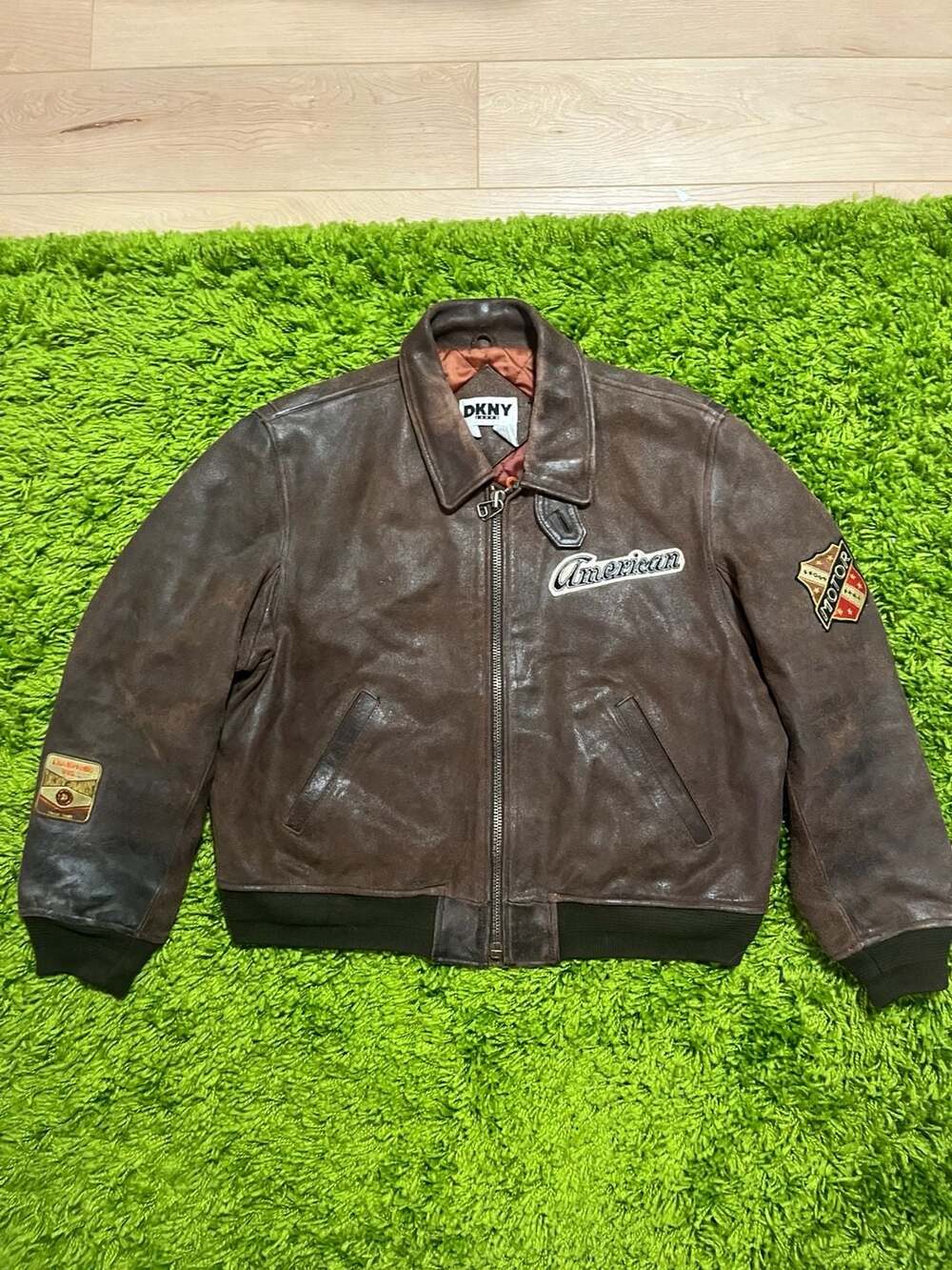 Vintage 90s DKNY Jeans Leather Bomber Jacket Brown American Motor Patches Size L